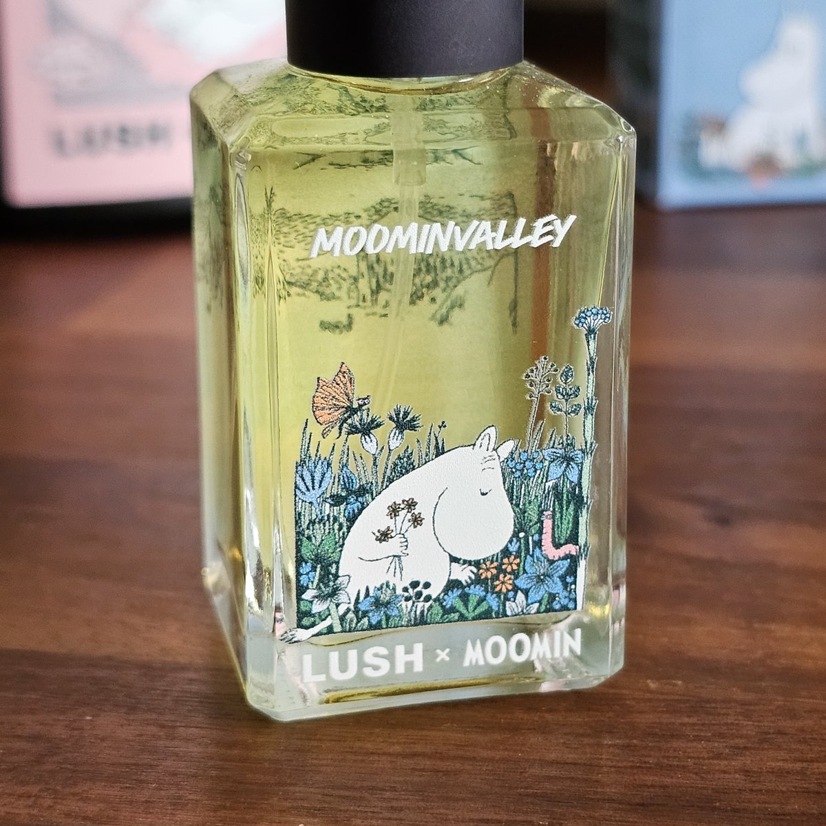 villaingrl's tweet photo. my moomin x lush is here and im so happyyyy. theyre very clean girl the perfume is so fresh and the body spray similar but sweeter and more creamy. love them tbh definitely safe blind buys and the perfume bottle is staying forever😭 https://t.co/q4ln8M4b1d