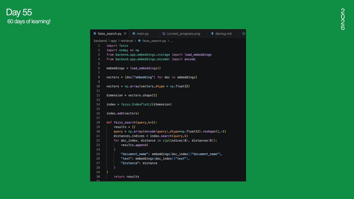 _amisharn's tweet photo. #LSPPDay55
Implemented FAISS Vector Search using IndexFlatL2.
#60DaysOfLearning #LearningWithLeapFrog
@lftechnology https://t.co/MZPvTJpAZh