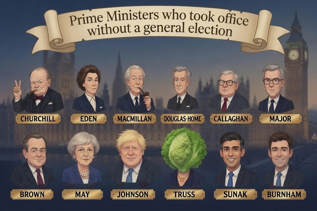 implausibleblog's tweet photo. Prime Ministers who took office without a general election

1940: Winston Churchill – Replaced Neville Chamberlain during the Second World War.

1955: Anthony Eden – Succeeded Churchill after his retirement.

1957: Harold Macmillan – Took office after Eden resigned following the Suez Crisis.

1963: Alec Douglas-Home – Succeeded Macmillan after his resignation due to ill health.

1976: James Callaghan – Took over after Harold Wilson's surprise resignation.

1990: John Major – Became PM after Margaret Thatcher resigned.

2007: Gordon Brown – Succeeded Tony Blair after he stepped down.

2016: Theresa May – Took office after David Cameron resigned following the Brexit referendum.

2019: Boris Johnson – Succeeded Theresa May after winning the Conservative leadership.

2022: Liz Truss – Became PM after Boris Johnson resigned.

2022: Rishi Sunak – Took office after Liz Truss resigned after 49 days.

2026: Andy Burnham – Succeeded Keir Starmer after his resignation.