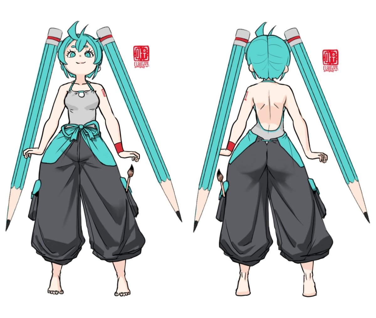 ElquijoteART's tweet photo. I made a front/back views for her.

The style for her pants are "balloon sweatpants".

The shirt is also acting like an apron, they must be confortable and durable, also cool for this harsh hot weather.

#初音ミク #イラスト #chacterdesign #digitalart #fashiondesign https://t.co/I2svg23rsy