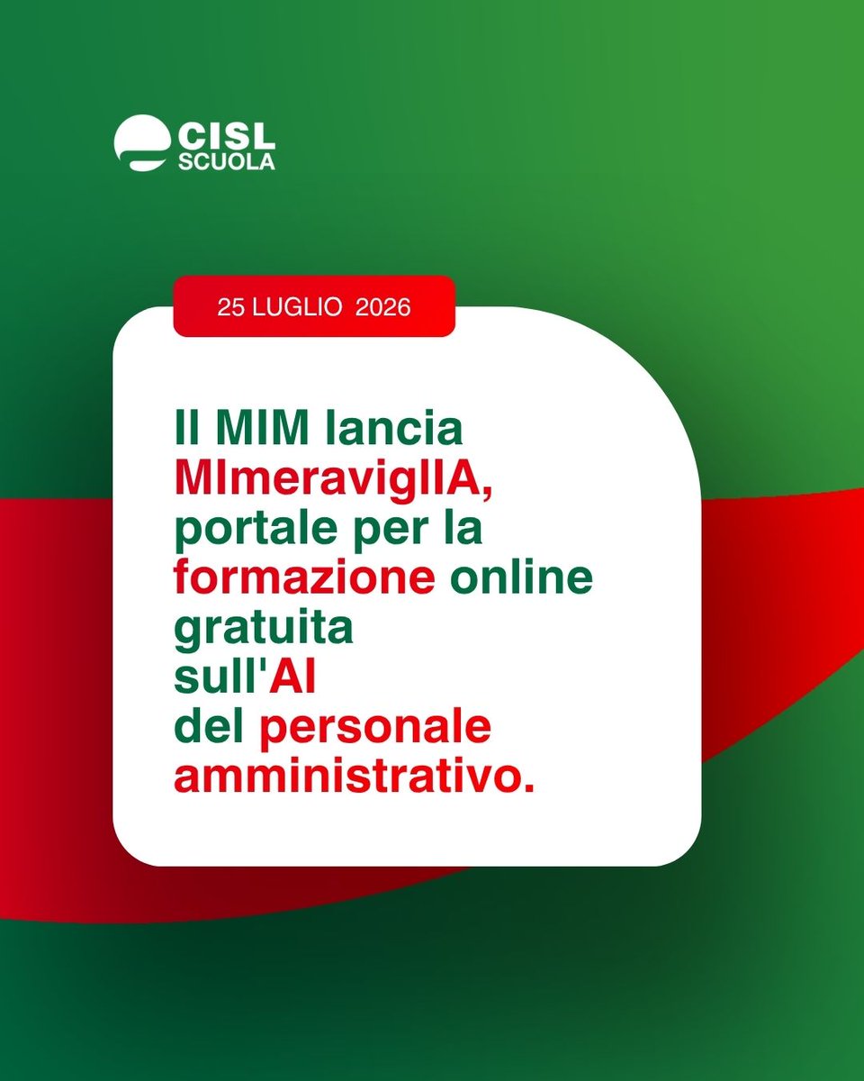 cislscuola's tweet photo. Il 17 luglio il Ministero dell'#Istruzione e del Merito ha annunciato la nascita di una sezione del proprio portale chiamata #MImeraviglIA, dedicata alla #formazione online gratuita di #Dirigentiscolastici, #DSGA e tutto il #personaleamministrativo.

Clicca il link per leggere la news, conoscere i dettagli dei corsi e scoprire come accedere 👉 https://t.co/G5D6b26iSO

@MIsocialTW #ciscscuola #scuola