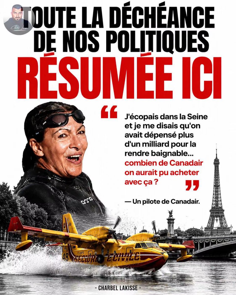 lolitazemorita's tweet photo. 🚨 « J’écopais dans la Seine et je me disais qu’on avait dépensé plus d’un milliard pour la rendre baignable… combien de Canadair on aurait pu acheter avec ça ? »

— Un pilote de Canadair.

Cette phrase résume à elle seule toute la déchéance de nos politiques.

Pendant qu’on consacre des sommes colossales à des opérations de communication, nos pompiers continuent de se battre contre les flammes au péril de leur vie !

#Canadair #Incendies #France

- 𝗖𝗛𝗔𝗥𝗕𝗘𝗟 𝗟𝗔𝗞𝗜𝗦𝗦𝗘 -