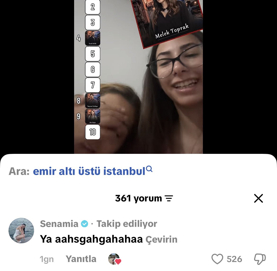 bulutlarinyeri's tweet photo. allah allah :) sena acaba bu videoyu begenip yorum yaptigina pisman mi oldu? videoda naz’a “enisteci” “melek sana az bile yapiyor” “geri zekali” diyorlar ve sena hanim videoyu begeniyor kahkahali yorum atiyor ne kadar masum ne kadar prof bir oyuncu degil mi? :) ustelik bu elcin’e yaptigi ilk saygisizlik degil daha once de yapmisti. basindan beri esas ciftin #emnaz oldugunu bilmesine ragmen sosyal medyada “bu cifti harcamayin emir mel*gi secsin” videolarini begeniyor. senaryonun gidisatindan memnun olmayan oyuncunuz sosyal medyada algi yaratiyor uzmele vermesi gereken etkilesimi emm*lcilere veriyor ve bunun önüne gecemiyorsunuz. sena disinda baska bir oyuncunuz bunu yapsaydi bu kadar sessiz kalabilecek miydiniz? @mugeugurlar @hlykdmr86 @hilal_yildiz @altiustuistdizi @_NTCMedya @atvcomtr #altıüstüistanbul