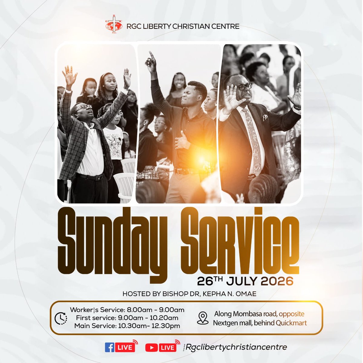 RGCLCC's tweet photo. Welcome to our Sunday Services taking place tomorrow (26th July 2026).

The Order of Services is as follows:

🔹 8:00am - 9:00am: Worker's Service
🔹 9:00am - 10:00am: Foundation &amp; Discipleship Class
🔹 9:00am - 10:20am: 1st Service
🔹 10:30am - 12:30pm: Main Service https://t.co/9uTwyV6zgM