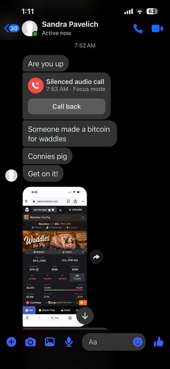 DogeSanta9830's tweet photo. This is insane. I wake up this morning and my mom who knows nothing about meme coins sends me Waddles which ran to 600k last night. Waddles is a pig who was badly abused and has been staying at my aunts the past year. She rescues animals all the time. Sending fees to her. https://t.co/WafyhDq2xe