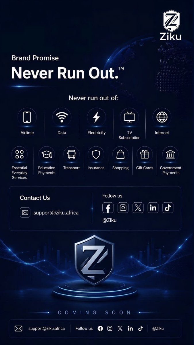 ZikuAfrica's tweet photo. Introducing Ziku
We're building an African company focused on Utility | Commerce | Technology.
Our promise is simple:
Never Run Out.™
🧵👇
#Ziku #NeverRunOut #Utility #Commerce #Technology #Africa #ZikuAfrica #Control #Pay #Track #Manage #JoinUs https://t.co/JloVz0nGoT