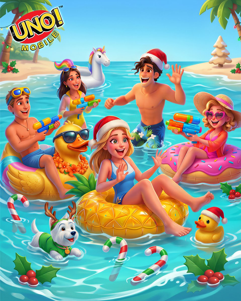 UNOMobileGame's tweet photo. 💦 How many Xmas hats, candy canes, and mistletoes can you spot in this Summer Splash #XmasinJuly bash?
✨
🧑🎄 Hats = ❓
🍭 Candies = ❓
💐 Mistletoes = ❓
🎁 Comment the correct answer for an awesome UNO prize! 💦🎴🔴
🇬🇪🇹 200 🇨🇴🇮🇳🇸 & 🇵🇱🇦🇾 🇺🇳🇴: https://t.co/H6n39wJVsy
#UNO #XmasinJulyMini #ColorsofSummer