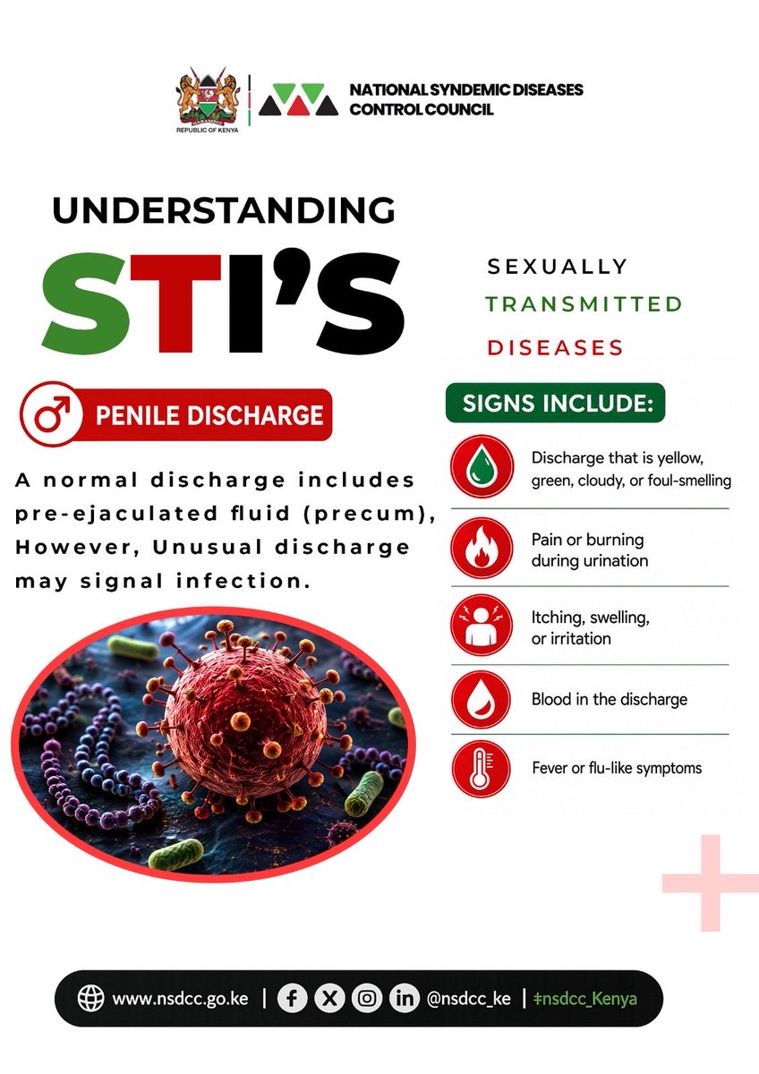 nsdcc_kenya's tweet photo. PENILE DISCHARGE
A normal discharge includes pre-ejaculated fluid (precum), However, Unusual discharge may signal infection.
#STIAwareness https://t.co/pmTLnRtEWv