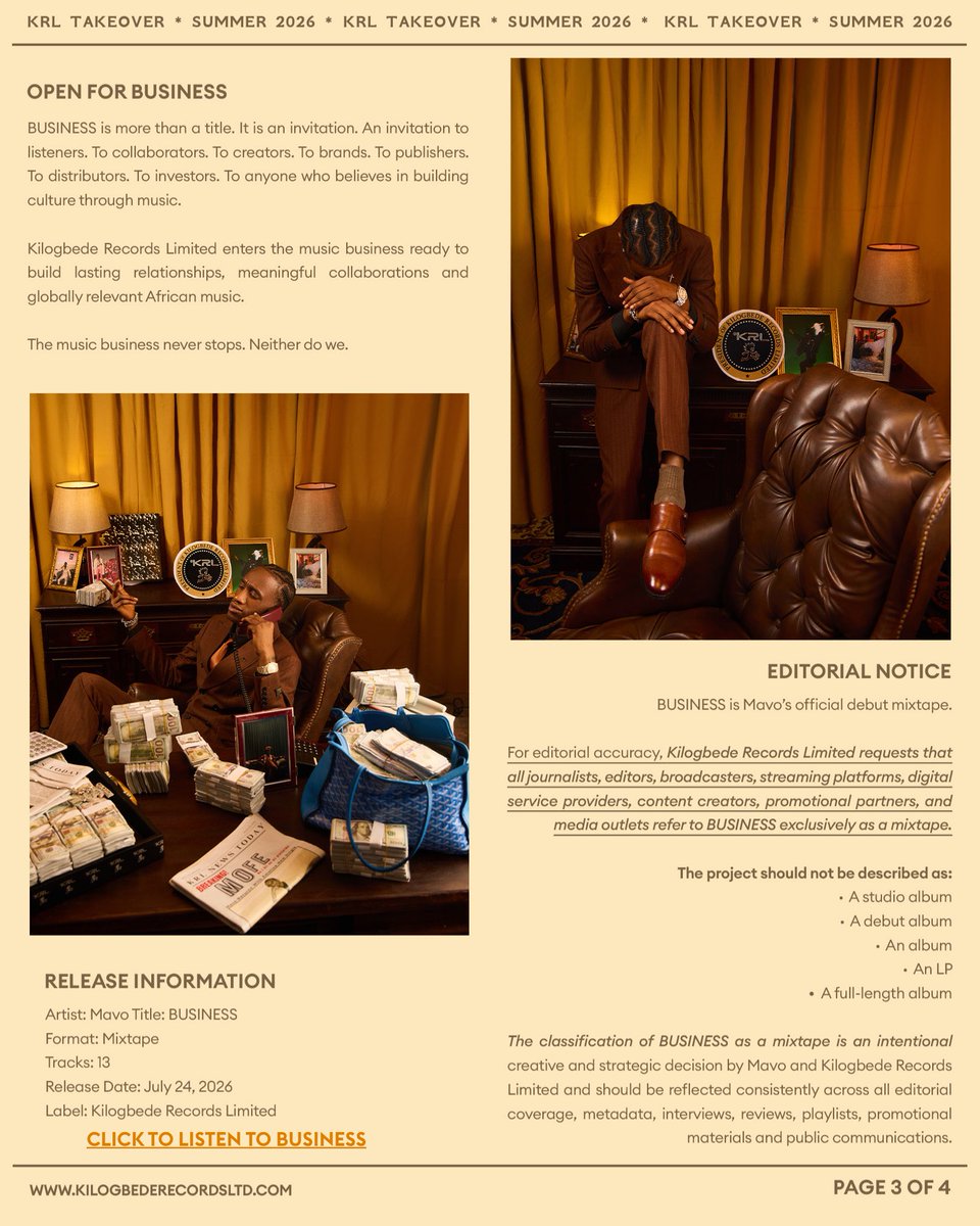 KilogbedeLTD's tweet photo. More than thirteen records, BUSINESS marks a new chapter for Mavo and the official introduction of Kilogbede Records Limited to the global music industry.

From demos to definitive records. From vision to execution. Built on ambition, collaboration and the commitment to create something that lasts.

The music business never stops. Neither do we.

Read the official BUSINESS press release.