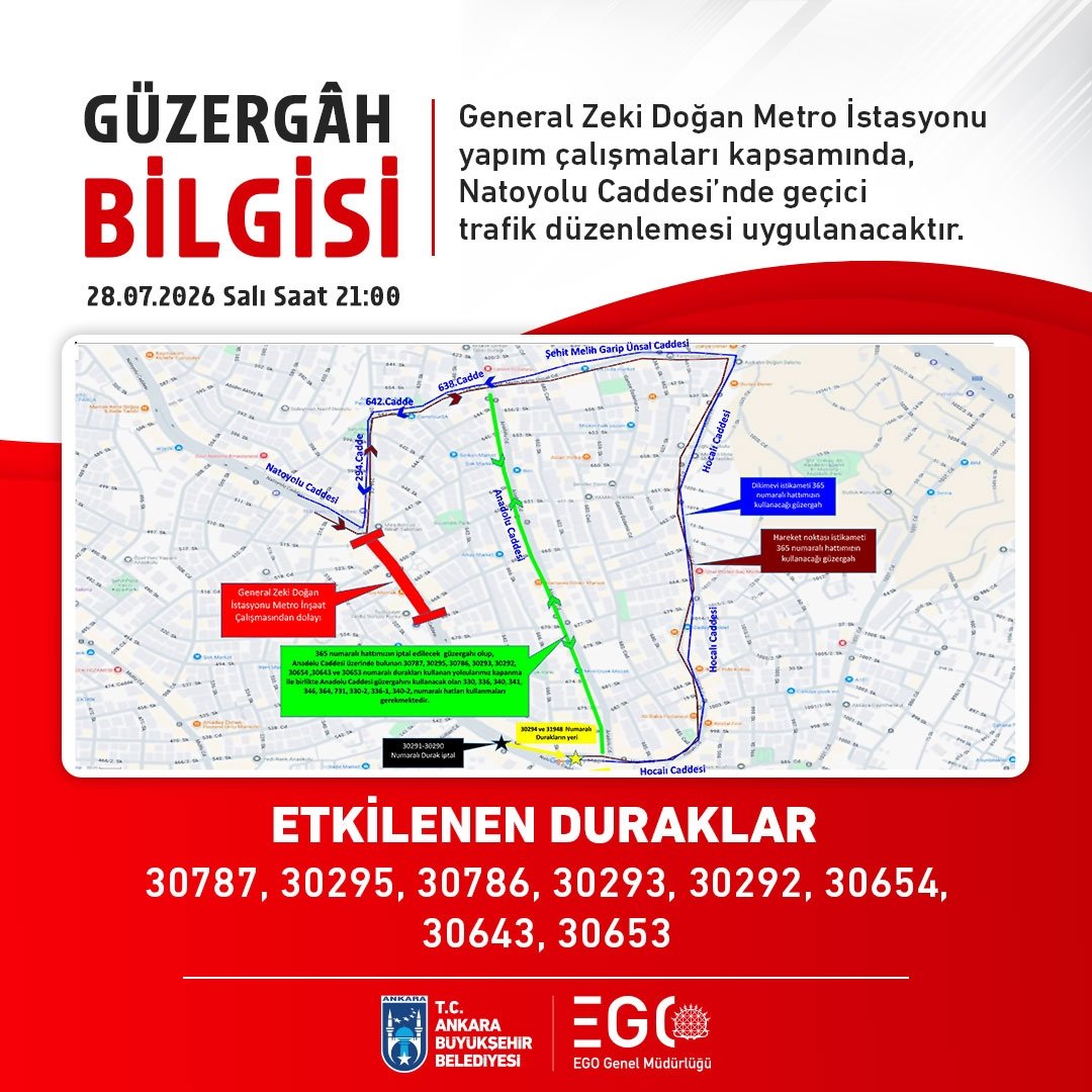 egobilgi's tweet photo. DUYURU

Değerli Vatandaşlarımız,

Dikimevi–Natoyolu Metro Hattı kapsamında yürütülen General Zeki Doğan İstasyonu yapım çalışmaları nedeniyle, Natoyolu Caddesi’nin ilgili kısımları 28.07.2026 Salı günü saat 21.00 itibarıyla araç trafiğine kapatılacaktır.

Bu kapsamda 365 numaralı hattımız geçici olarak aşağıdaki güzergâhları kullanacaktır:

Dikimevi istikameti:
Hocalı Caddesi – Şehit Melih Garip Ünsal Caddesi – 638. Cadde – 642. Cadde – 294. Cadde – Natoyolu Caddesi üzerinden normal güzergâhına devam edecektir.

Hareket noktası istikameti:
Natoyolu Caddesi – 294. Cadde – 642. Cadde – 638. Cadde – Şehit Melih Garip Ünsal Caddesi – Hocalı Caddesi üzerinden normal güzergâhına devam edecektir.

Anadolu Caddesi üzerinde bulunan 30787, 30295, 30786, 30293, 30292, 30654, 30643 ve 30653 numaralı durakları kullanan vatandaşlarımız, yolun kapalı olduğu süre boyunca Anadolu Caddesi güzergâhında hizmet verecek olan 330, 336, 340, 341, 346, 364, 731, 330-2, 336-1 ve 340-2 numaralı hatlarımızdan yararlanabilecektir.

Vatandaşlarımıza önemle duyurulur.