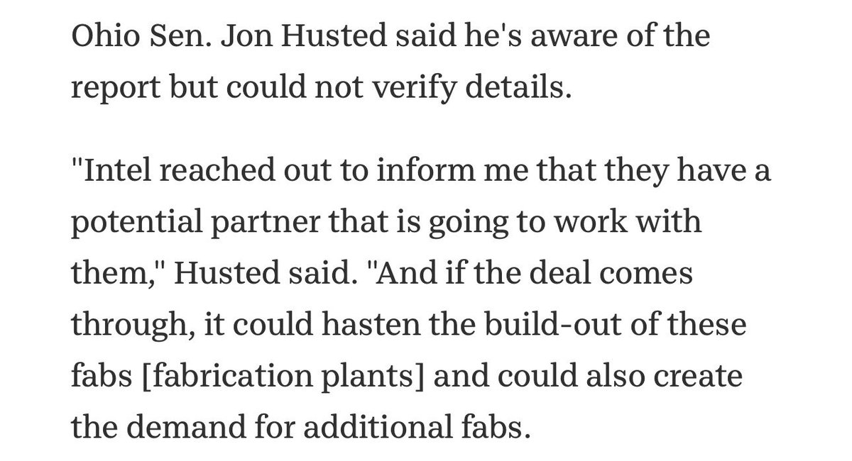 Intellionaire's tweet photo. From the Columbus Dispatch:

Sen. Jon Husted confirms $INTC are in talks with a potential partner to co-invest on the Ohio site. 

My thoughts on this in the next Intellionaire episode, coming soon. https://t.co/xGzYFTNfH6