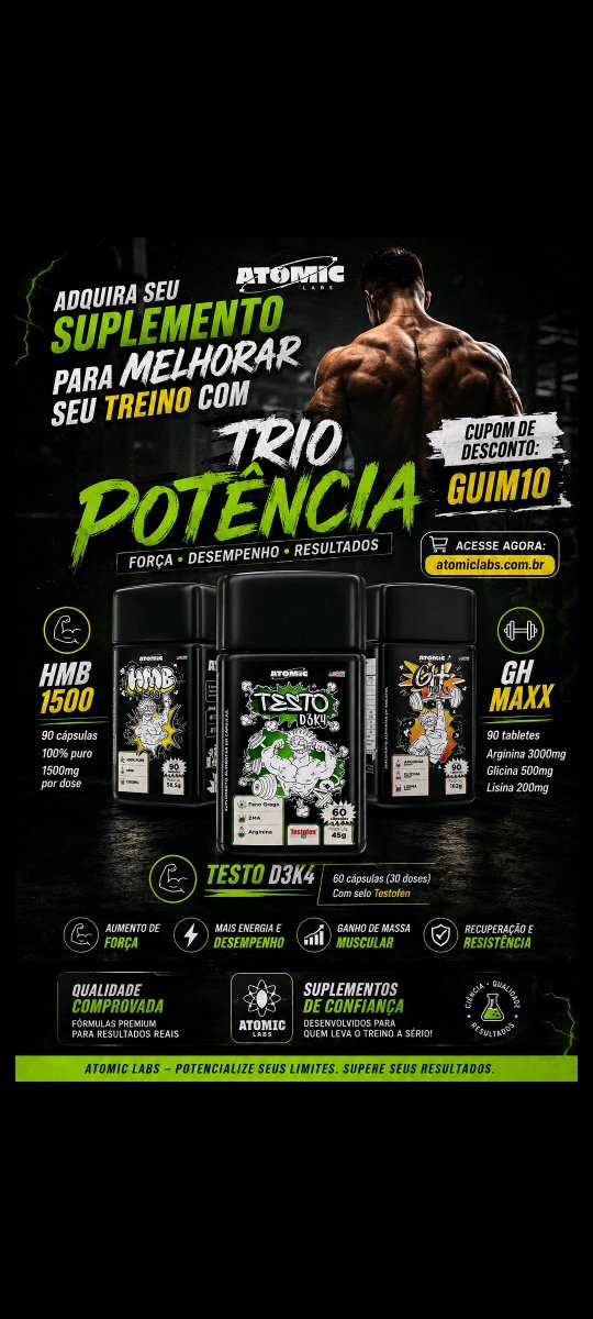 GuimCoura's tweet photo. Use o Cupom guim10 e garanta um desconto nos suplementos da #atomiclabs, elevando seu potencial para seu treino superando seus limites
https://t.co/ScmDm71DYl
#treino #suplemento #forca #potencial #supere seus #limites https://t.co/qT0D8I68Ml
