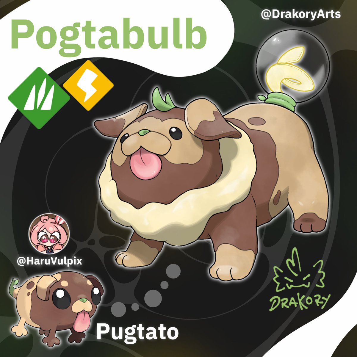 DrakoryArts's tweet photo. Say hello to Pogtabulb! 🥔

Grass // Electric 

A new evolution for Pugtato, a fakemon created by my friend @HaruVulpix and I hope you guys love it as much as I do making it

#Pokemon #Pokémonart #fakemon #PokemonWindsandWaves #PokemonChampions #potatoe #digitalart #pug https://t.co/MaVIWlXvmF