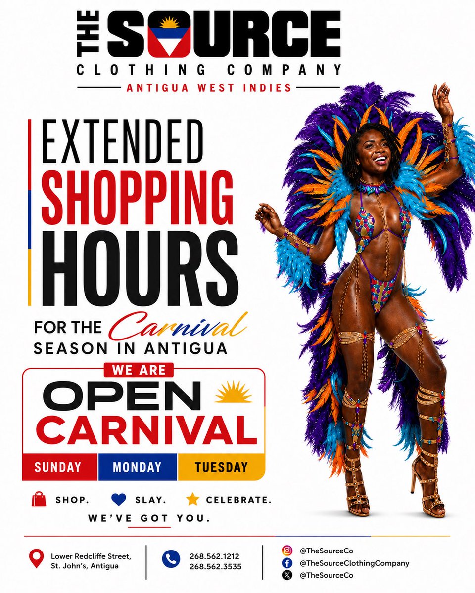 thesourceco's tweet photo. THE SOURCE IS #OPEN 7 DAYS A WEEK AND #OPEN LATE #NIGHTLY FOR THE #CARNIVAL IN #ANTIGUA 🇦🇬 💥💥💥.
▫️
☎️ 268.562.1212 Or 268.562.3535 https://t.co/GH51A2maSI