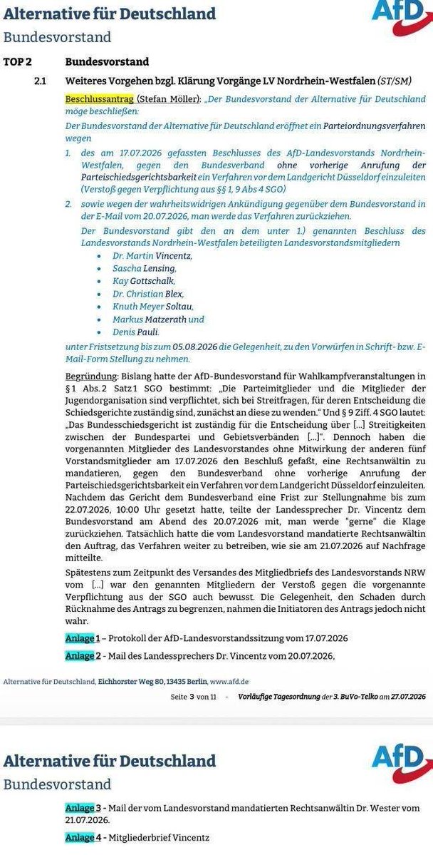 RealWuppi's tweet photo. +++BREAKING+++

Auf der kommenden Tagesordnung des Bundesvorstands stehen Ordnungsmaßnahmen gegen den korrupten Teil der @AlternativeNRW. 

Vielleicht wird @Vincentz_AfD und seine Bagage ja endlich ausgebürgert. 

#VincentzHelfer 
#RedaktionsnetzwerkRechts