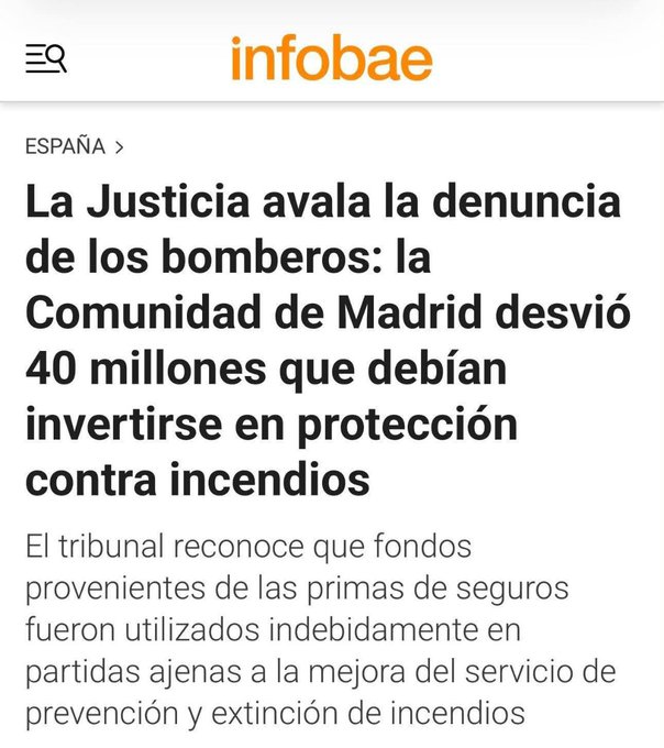 Apu_elrojo's tweet photo. Los ciudadanos madrileños abonaron un recargo del 5% en sus pólizas de seguros, entre 2019 y 2023, y ese dinero tenía que ir a parar a los servicios de bomberos.

40 millones de euros.

La Comunidad de Madrid los desvió a otras partidas como "gastos de renting". https://t.co/BgfmMNgmPY