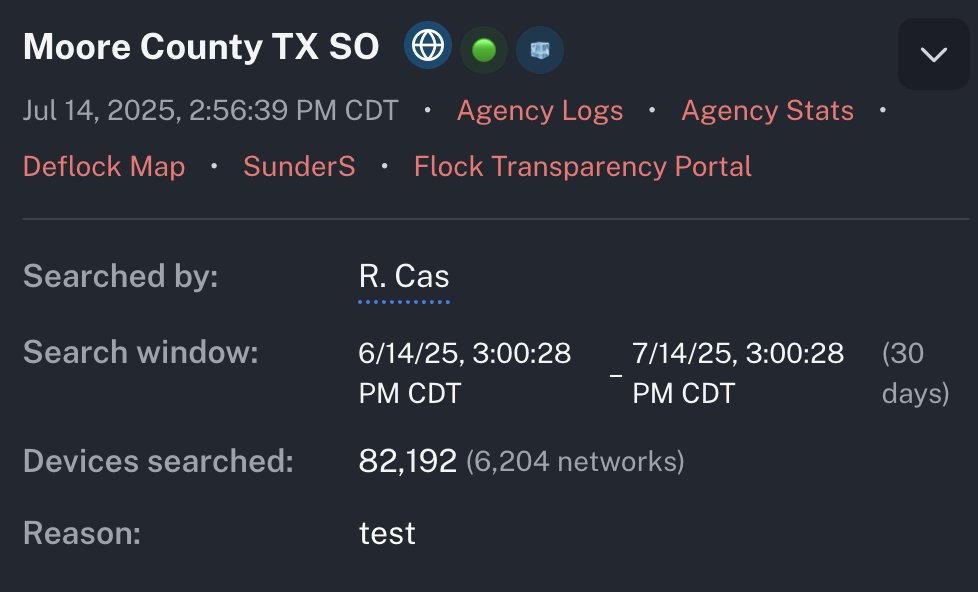 HIBFlocked's tweet photo. Flock has historically used real surveillance data for demos.

A "CHL - Law Enforcement Demo" hotlist is shown, alongside a separate "CHL - Stop &amp; Hold" hotlist.

Moore Co., TX, pulled 30 days of real location data from 82,192 devices for the Stop &amp; Hold plate.

Reason: "test". https://t.co/arcq9JiXlr