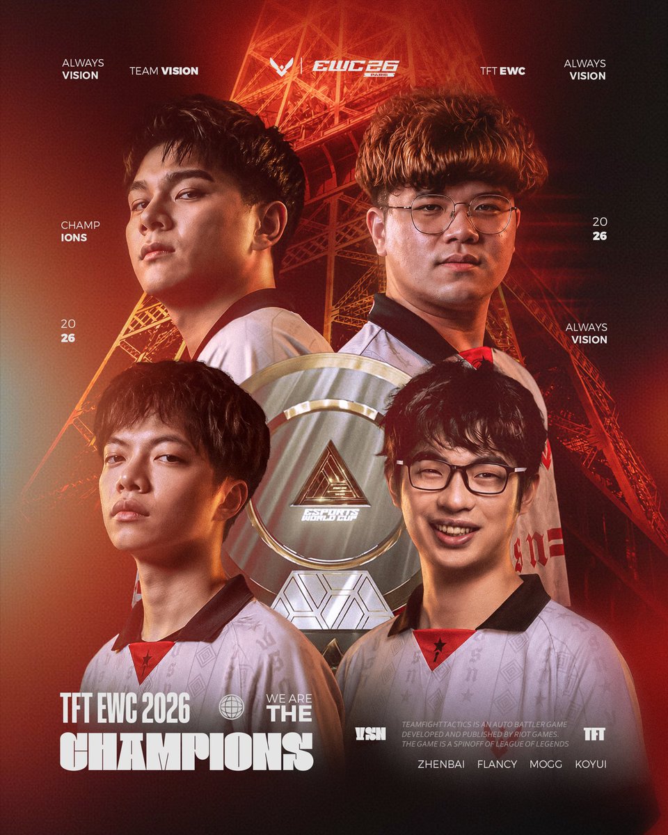 VisionEsportggs's tweet photo. 𝐖𝐞 𝐚𝐫𝐞 𝐭𝐡𝐞 𝐂𝐡𝐚𝐦𝐩𝐢𝐨𝐧𝐬 𝐨𝐟 𝐓𝐞𝐚𝐦𝐟𝐢𝐠𝐡𝐭 𝐓𝐚𝐜𝐭𝐢𝐜𝐬 𝐚𝐭 𝐄𝐖𝐂 🏆

رسمياً ثعالبنا أبطال كأس العالم للرياضات الإلكترونية للعبة #TFT 🥇 

أبطالنا سطروا المجد بحروف من ذهب 🦊 

#EWC26 | #AlwaysVision https://t.co/jzcrd75Us0
