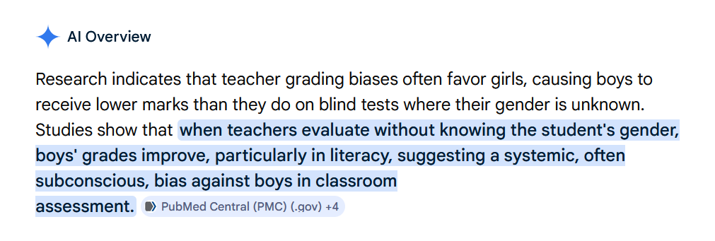 ReviewsPossum's tweet photo. Fun fact: this is because teachers are biased against boys.

Studies have shown that when teachers don't know the gender of the students they're grading, they grade boys higher. https://t.co/FjaxPdeOET