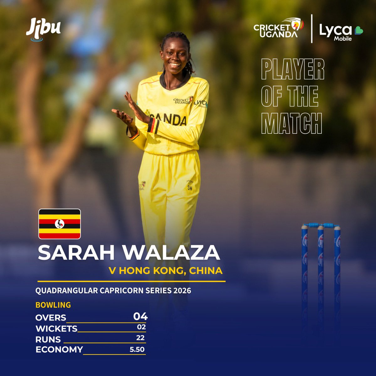 CricketUganda's tweet photo. Sarah Walaza's 22 runs and two wickets earned her the Player of the Match award as the Victoria Pearls beat Hong Kong, China-W  by 2 wickets.

#LycaConnectsCricket #CricketUgandaJibu https://t.co/tH2AcSKagB