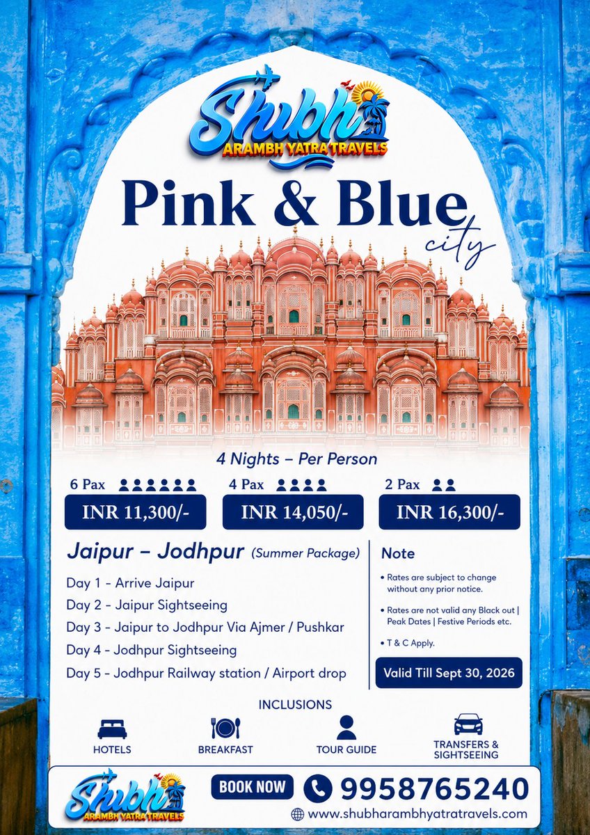 Sanjeev_2121's tweet photo. 🏰 From the Pink City to the Blue City—experience Rajasthan like never before! 👑

✨ 4N/5D Jaipur &amp; Jodhpur Tour
🏨 Hotel | 🍽️ Breakfast | 🚗 Sightseeing | 🧑‍💼 Guide

📞 Book Now: +91 9958765240

Shubh Arambh Yatra Travels
#Rajasthan #Jaipur #Jodhpur #Travel #Tourism https://t.co/cLKV79nRYy