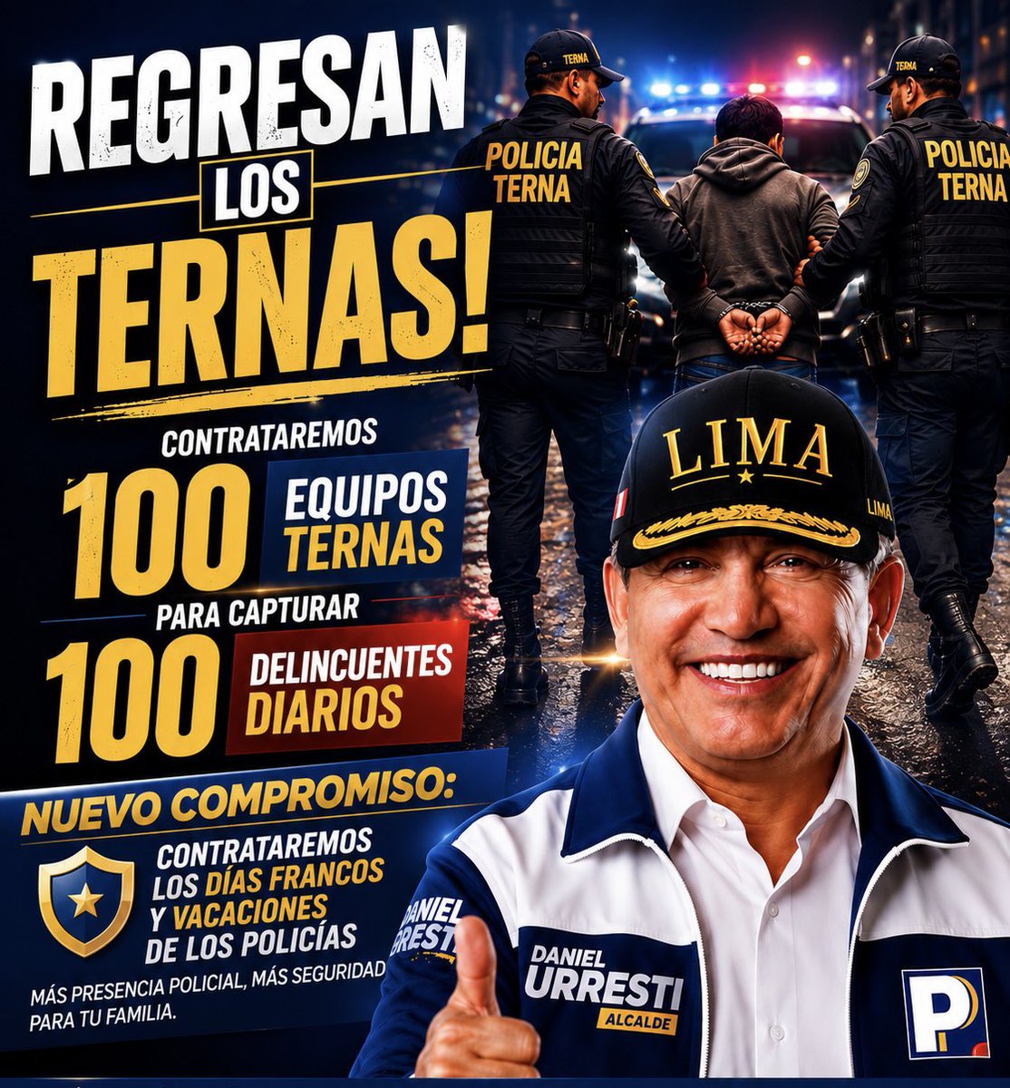 DanielUrresti1's tweet photo. ¡LA DELINCUENCIA NO DESCANSA. NOSOTROS TAMPOCO!
Para que regresen los 100 Equipos Terna, primero contrataremos los días francos y las vacaciones de los policías que los integrarán. Así aumentaremos la presencia policial en las calles sin reducir el personal que ya cumple servicio regular.
Con esos equipos especializados nos hemos propuesto una meta clara: capturar 100 delincuentes en flagrancia todos los días.
Más policías trabajando en las calles significa menos delincuentes actuando con impunidad.
Como alcalde pondré toda la capacidad de la Municipalidad al servicio de la Policía Nacional, porque la seguridad de los limeños no puede esperar.
#RegresanLosTernas #LimaSegura #DanielUrresti #SeguridadCiudadana #RecuperemosLima