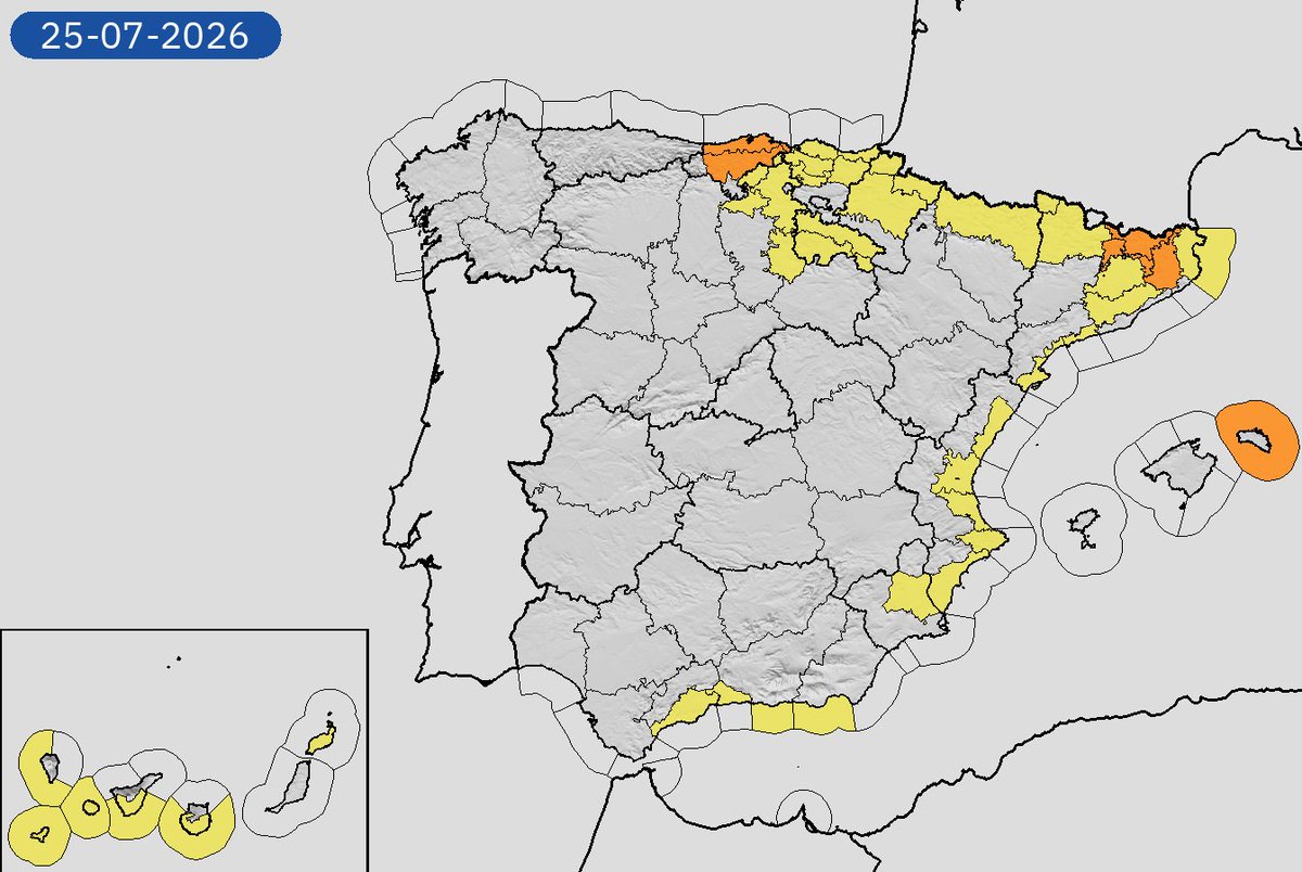 AEMET_Esp's tweet photo. 25/07 19:24 AVISOS HOY Y MAÑANA | España: tormentas, lluvias, costeros, temperaturas máximas, vientos y rissagas. Nivel máximo de aviso: naranja.
Actualizaciones en https://t.co/BLdoSsO2Qv https://t.co/J2isl33Y47