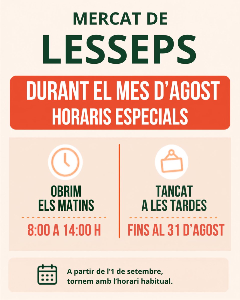mercatdelesseps's tweet photo. 📢 Horari d’agost al Mercat de Lesseps

Us esperem cada matí amb producte fresc, de temporada i de proximitat. 💚

#MercatDeLesseps #MercatsDeBarcelona https://t.co/hAWxKcQYSF