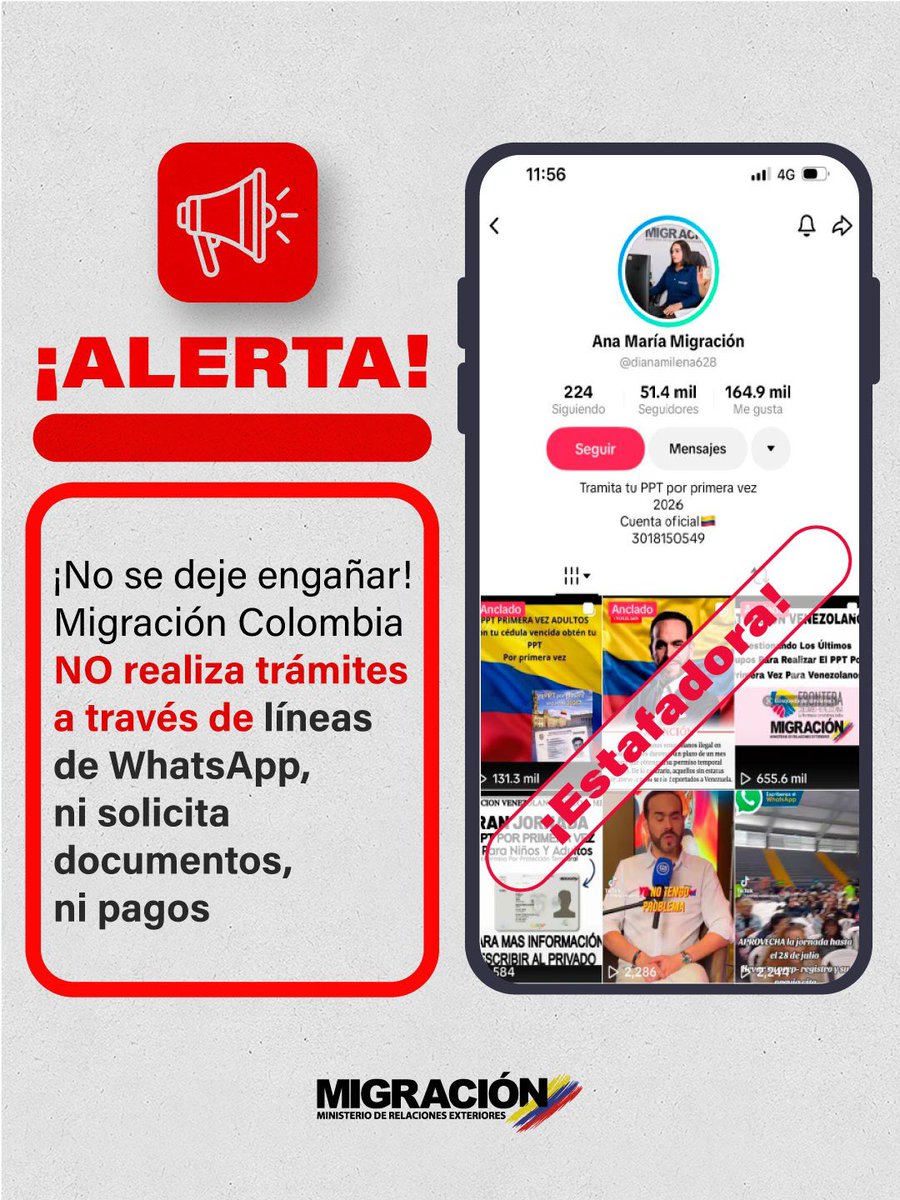 MigracionCol's tweet photo. 🚨#CUIDADO

⚠️ Alerta de falsos tramitadores

No creas en falsos perfiles de redes sociales que se presentan como funcionarios de @MigracionCol o gestores autorizados. 

Realiza tus trámites migratorios, sin necesidad de intermediarios, únicamente aquí 👇🏼

https://t.co/PtPDlbgCfy https://t.co/ZWUrhoTve1