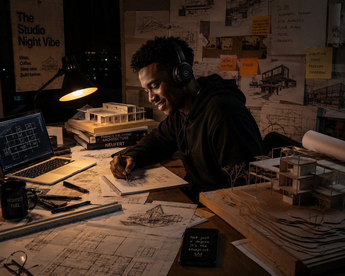 oluwashemzyx's tweet photo. My signature move? Headphones in, volume up, deadline in 4 hours and somehow I'm cracking jokes.

Architecture school trained me to create under pressure but nobody told me I'd also be curating a whole playlist while doing it. The studio is never silent when I'm around. Music running, banter flying, hands still working.

People think pressure kills the vibe. I think pressure IS the vibe. The best work I've ever done came out of a night where I was laughing at 2am with a model half built and a jury at 8.

That's my move. Turn the tension into a frequency and ride it until the work is done.
@RallyOnChain 🎧

What's your signature move ?