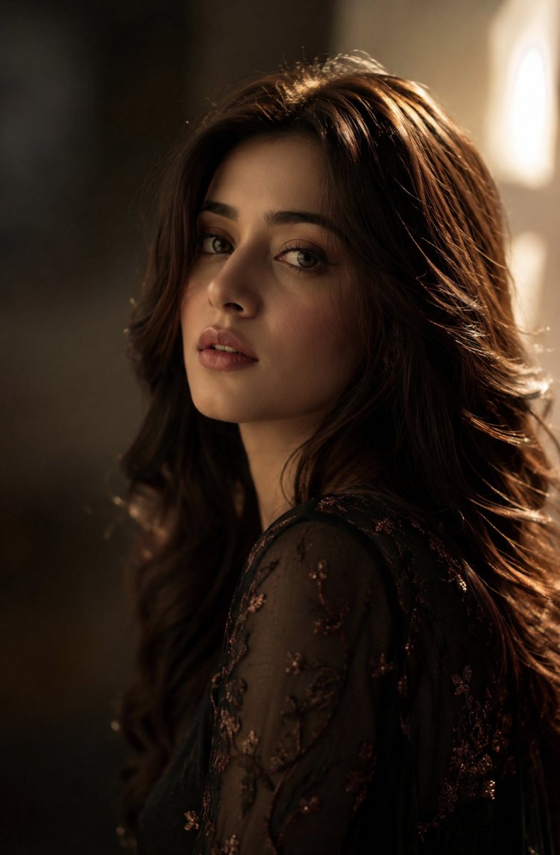Minahil42298354's tweet photo. Elegant woman in black attire.

ChatGPT image 

Prompt:
A close-up portrait of a woman with long, dark brown wavy hair, wearing a black embroidered top with sheer sleeves. She has warm, soft lighting catching the highlights of her hair as she gazes softly back over her shoulder toward the camera with a gentle expression.