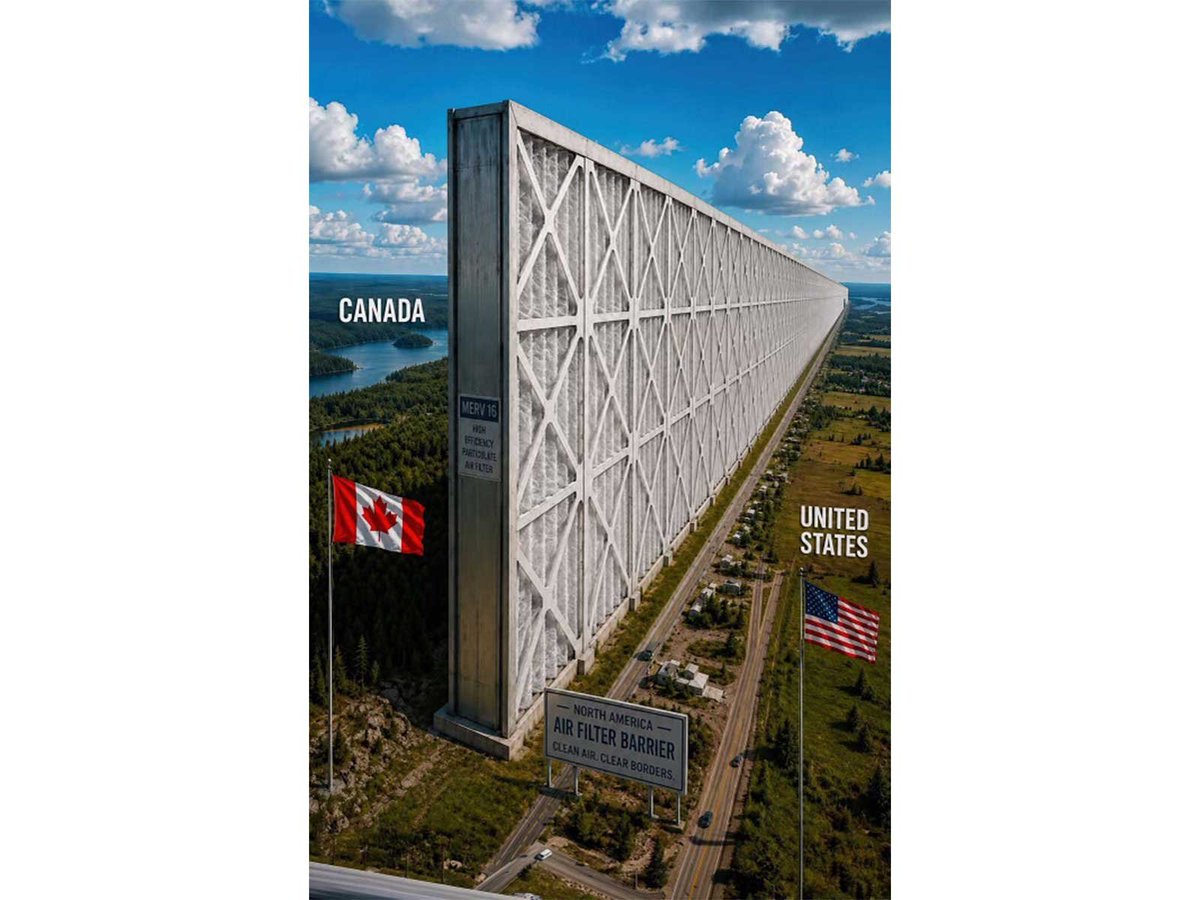 ani_digital's tweet photo. Trump posts AI image of giant air filter at US-Canada border amid wildfire smoke row

Read @ANI Story | https://t.co/raYqDaRfXD

#UnitedStates #Trump #AIImage #GiantAirFilter #USCanadaBorder #WildfireSmokeRow https://t.co/WVVhnv1PJr