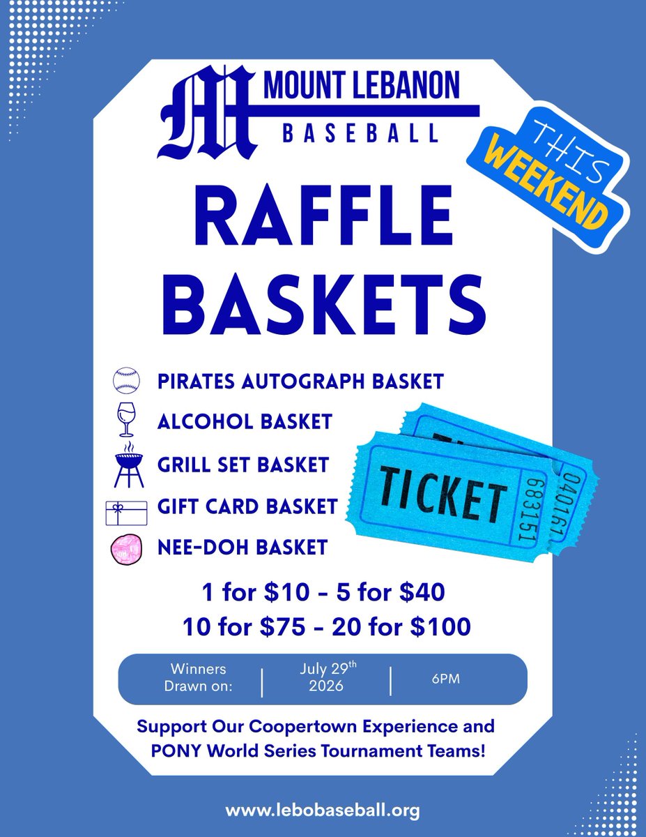 LeboBaseball's tweet photo. This Weekend ONLY! Basket Raffle to support our PONY World Series and Cooperstown Experience Teams. Stop by the Dixon Concession Stand or follow the link to the online raffle to view baskets and purchase tickets for a chance to win
Online Basket Raffle: https://t.co/iVP9TbRtbB https://t.co/2n1r5pEVzq
