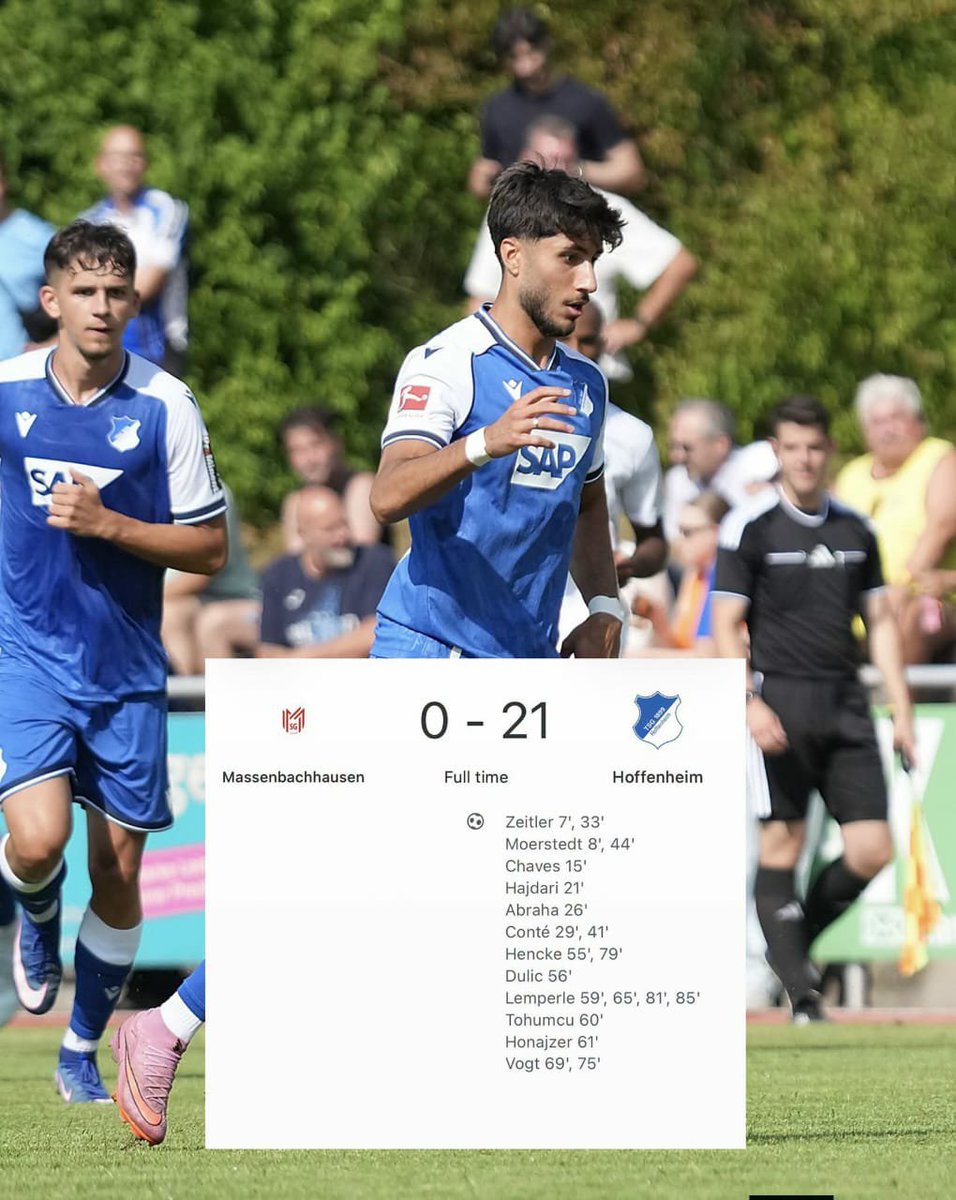 ZenQuantic's tweet photo. Le carton de la semaine en présaison c'est pour TSG Hoffenheim qui a éclaté Massenbachhausen (7e division Allemande) 21-0 avec 11 buteurs différents ! https://t.co/Tm73Lmx7n6