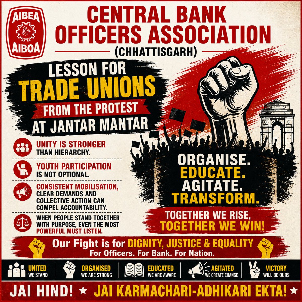 cgcboa's tweet photo. Unity is stronger than hierarchy. Youth participation is the strength of every movement. Clear demands, consistent mobilisation and collective action can bring meaningful change.
Organise. Educate. Agitate.
#TradeUnion #WorkersUnity #JantarMantar #GenZ #Solidarity https://t.co/CIO1Gwch9H