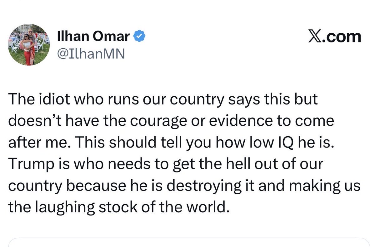 dxsummers's tweet photo. @Ilhan Show some respect for your elders and the POTUS!! Your position in this country should be abolished since you don’t seem to have loyalty to our country and its administration. Do us a favor…. RESIGN AND LEAVE https://t.co/TjJPYjpRHa