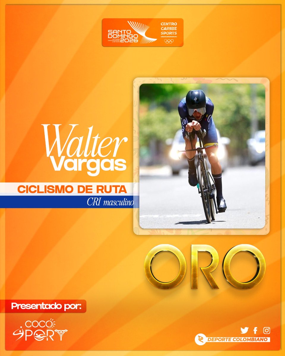 DeportColombia's tweet photo. ¡ORO 🥇! Cae la primera presea dorada en Santo Domingo 🚴🏼‍♂️ 

Walter Vargas se quedó con la presea de oro en la prueba de la CRI masculina, sumando una nueva medalla a su largo historial.

Podio:
🥇 COL 🇨🇴 - 47:13.46
🥈 MÉX 🇲🇽 - 48:59.68
🥉 MÉX 🇲🇽 - 49:07.07

¡Con toda 💛💛💙❤️! https://t.co/tyN9468Gvw