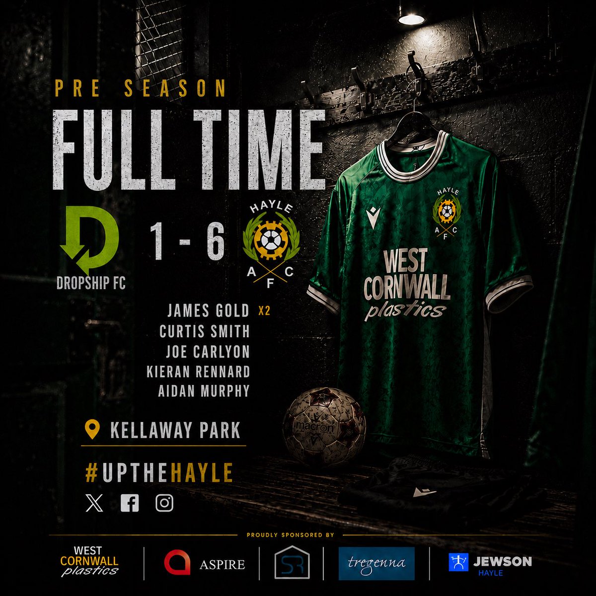 HayleFc's tweet photo. FULL TIME | Dropship FC 1-6 Hayle AFC ๐
Goalscorers:
โฝโฝ James Gold
โฝ Curtis Smith
โฝ Joe Carlyon
โฝ Kieran Rennard
โฝ Aidan Murphy
Up The Hayle! ๐๐ #UpTheHayle #PreSeason #HayleAFC https://t.co/WSOnqiROej