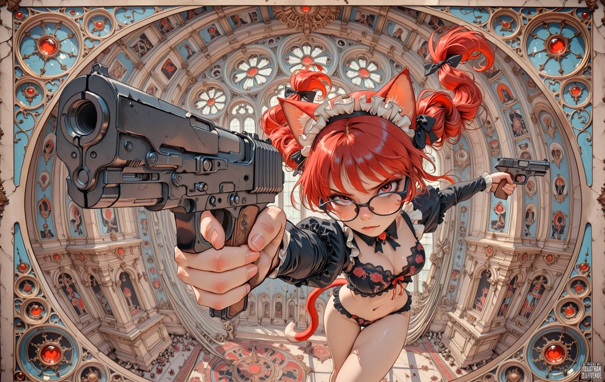 JonathanOkaeri's tweet photo. BAD KITTY
#maid #handgun #anime #catgirl #manga #soubrette #メイド #メイド服 #AIイラスト #猫耳娘 #猫耳 #redhair #lingerie https://t.co/5jm7CLbmjB