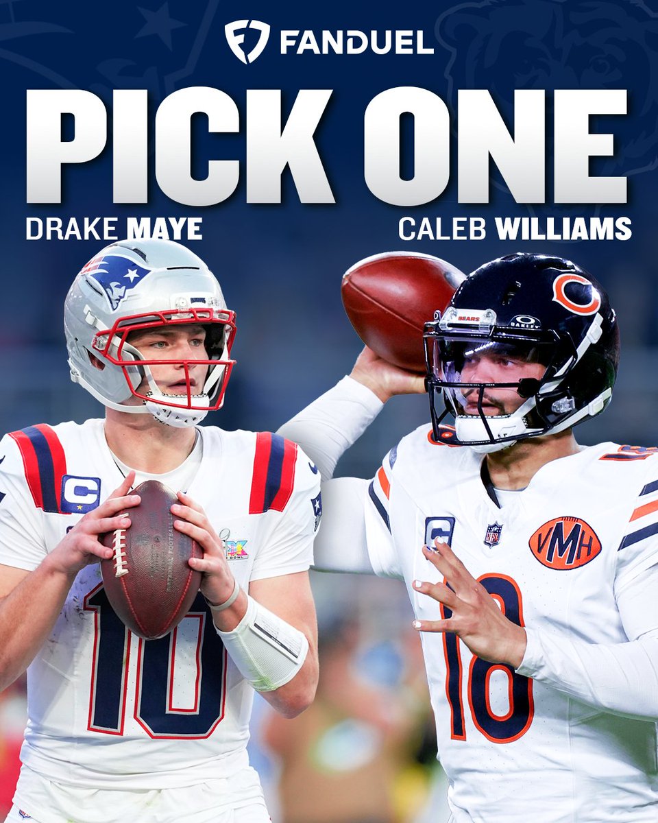 FanDuel's tweet photo. Going into next season, who would you rather have at QB?

❤️ for Drake Maye
🔁 for Caleb Williams

#NEPats | #DaBears https://t.co/wLH9BlbdRR