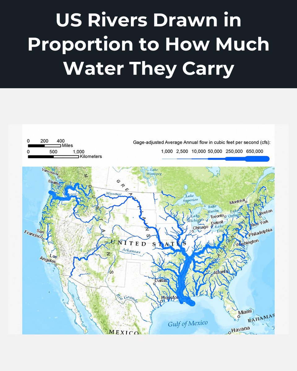 amazingmap's tweet photo. Line thickness here is average annual flow rather than length, running from a hairline at 1,000 cubic feet per second up to the swollen trunk of the lower Mississippi at the top of the scale, and drawn this way the map rearranges the country's mental geography, since the Ohio https://t.co/eABeUq6hTK