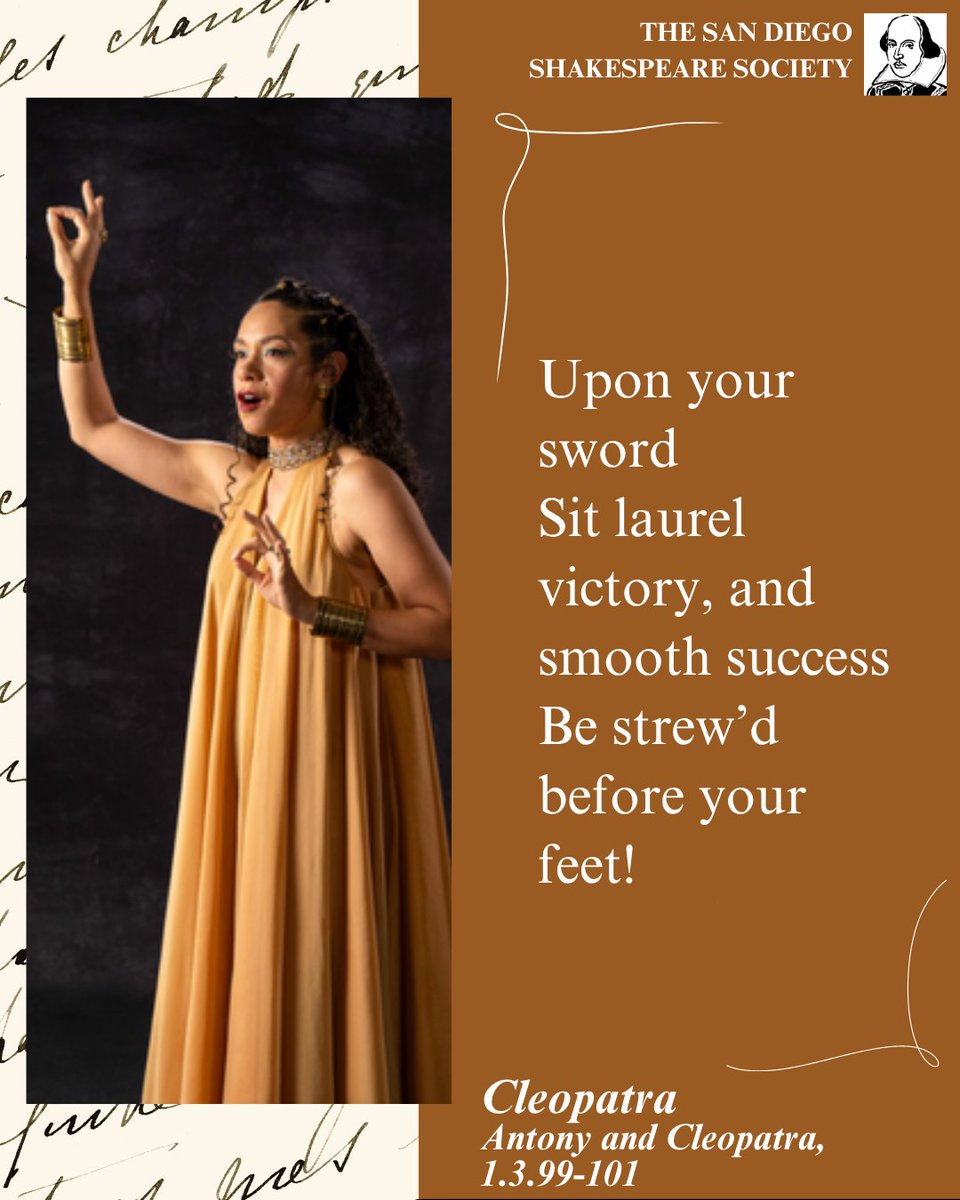 SDShakespeare's tweet photo. “Upon your sword / Sit laurel victory, and smooth success / Be strew’d before your feet!”

Cleopatra, Antony and Cleopatra, 1.3.99-101
#shakespearesaturdays #wordswordswords

Photo credit: Kathryn Tkel as Cleopatra, Antony and Cleopatra, Utah Shakespeare Festival, 2025 https://t.co/4RlSlm7Kgg