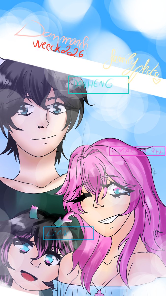 Xetali1's tweet photo. Day 6: Free choice. "Family photo."
I finished coloring at midnight; just like every year, I drew a picture of my little family! Here is Lian, their daughter 
Thank you for following my work, and thanks to my friend @Sunshiidoll for the translation. 📷🍁🪷
#danmarchweek2026 https://t.co/tBO9zLw0CR
