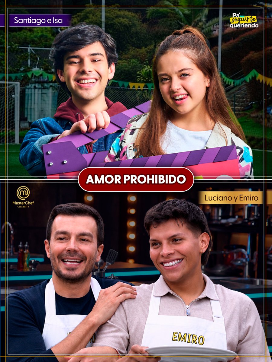 CanalRCN's tweet photo. ❤️ Dicen que hay muchas formas de amar… y nuestros personajes lo saben muy bien. 😂✨ Desde un amor prohibido hasta uno que nació de una amistad. Sin importar cómo llegue, cada historia tiene algo especial y ¡que viva el amor! 🥂 
#paseguirtequeriendo #masterchefcelebrity #masterchefcelebritycolombia