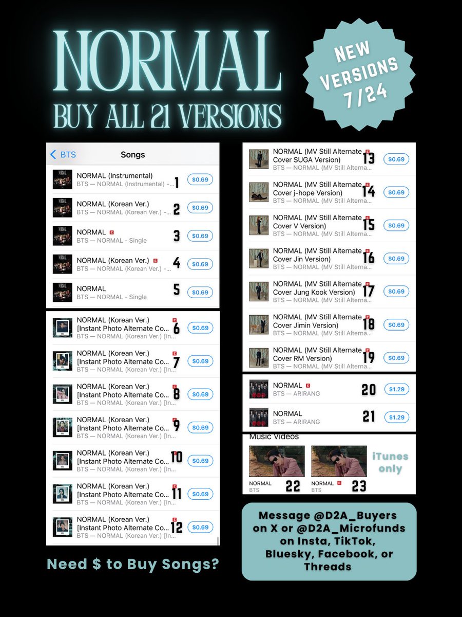 D2A_MicroFunds's tweet photo. 📈 BUY NORMAL FOR HOT 100 & GLOBAL 200 📈

ARMY we have 21 versions of NORMAL + 2 Music Videos (iTunes only). If you haven’t bought yet, buy on iTunes🍎, Amazon📦, & Qobuz💿.

Bought last week? Buy the 7 new MV Still versions. 🛍️
Direct buying 🔗👇