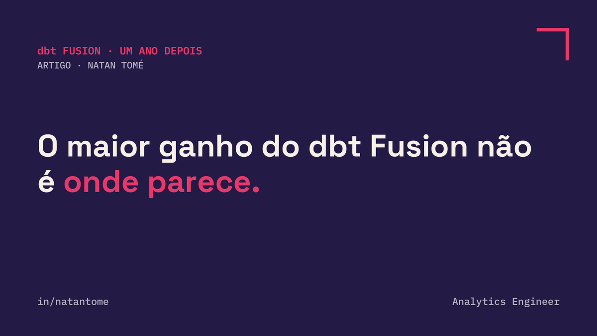 NtDream's tweet photo. Confira meu artigo mais recente: O maior ganho do dbt Fusion não é onde parece 

#dbt #dbtFusion #AnalyticsEngineering #DataEngineering #ModernDataStack #DataTransformation #dados

https://t.co/ohac7J2OnC via @LinkedIn https://t.co/gYcitPKi9W