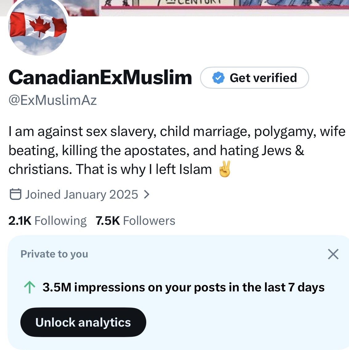 ExMuslimAz's tweet photo. Despite the mass reporting of my account by the Islamists &amp; leftists, I have been getting millions of impressions and engagements a week. 😎 WE ARE WINNING 😅  #ExMuslim 💪 https://t.co/3Nw1o9G1Xi