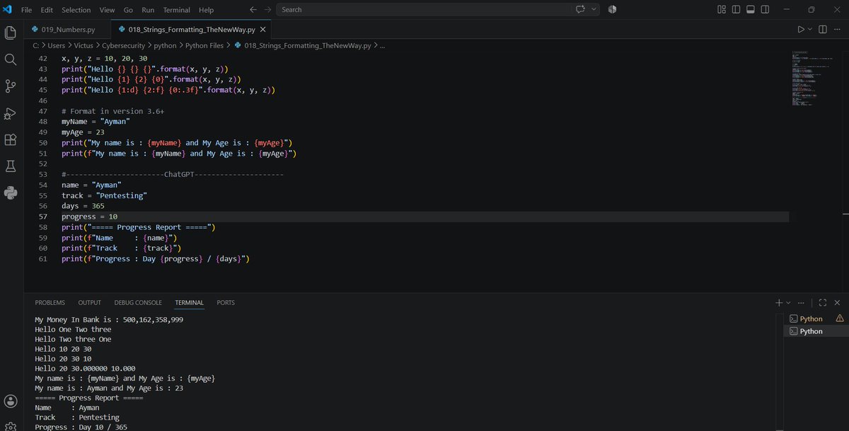 Supermaghraby's tweet photo. Day 010/365 | Chasing My First Pentesting Job
اتعلمت String Methods جديدة، طرق تنسيق النصوص باستخدام format() / f-strings، وأنواع الأرقام (int, float, complex) والتحويل بينها. https://t.co/WNtiiiYsSu