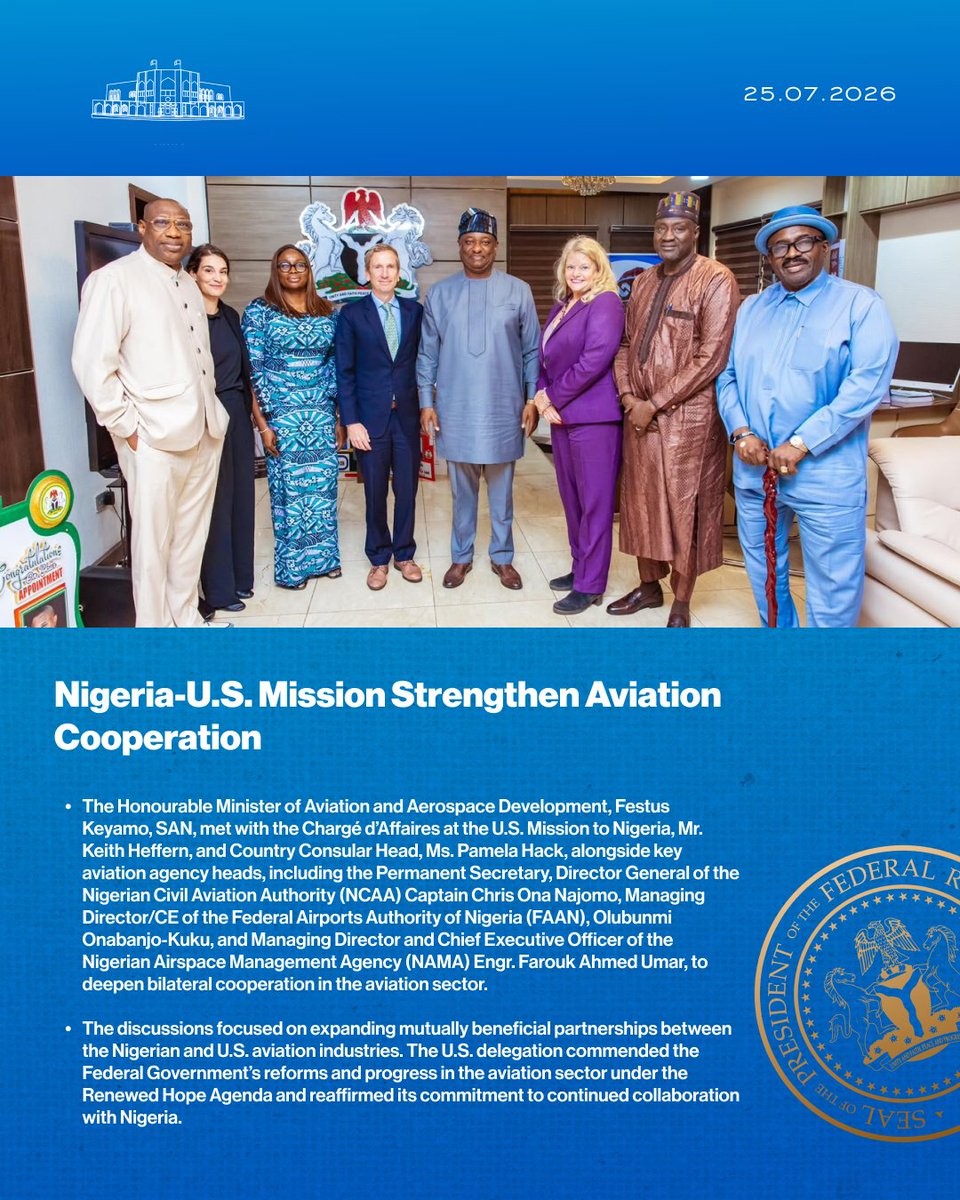 NGRPresident's tweet photo. Nigeria-U.S. Mission Strengthen Aviation Cooperation. 🇳🇬🇺🇸

@fmaviationng | @fkeyamo https://t.co/N57iFdwAql