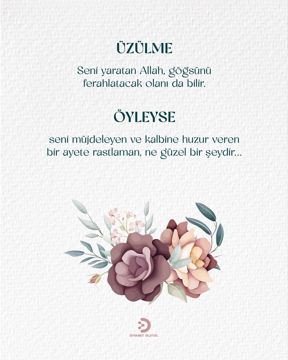 DiyanetDijital's tweet photo. 🌸
Her insan, içinde bir sıkıntı hisseder veya işlerinde bazı zorluklar yaşar..

Üzülme!
Seni yaratan Allah, göğsünü ferahlatacak olanı da bilir.. https://t.co/G7vCHlec6F